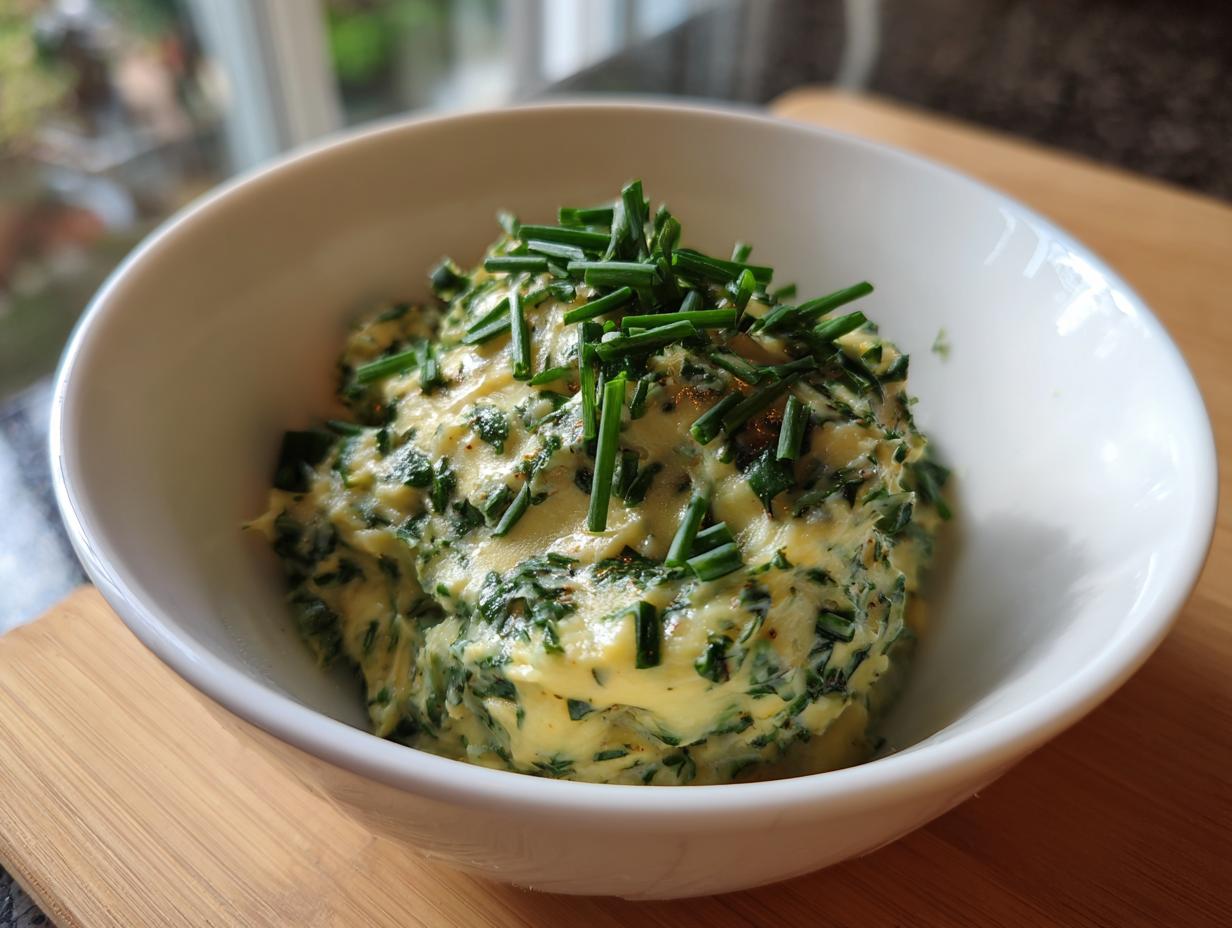 Close-up of herb butter in a white bowl, perfect for Vegetarian Colcannon Soup.