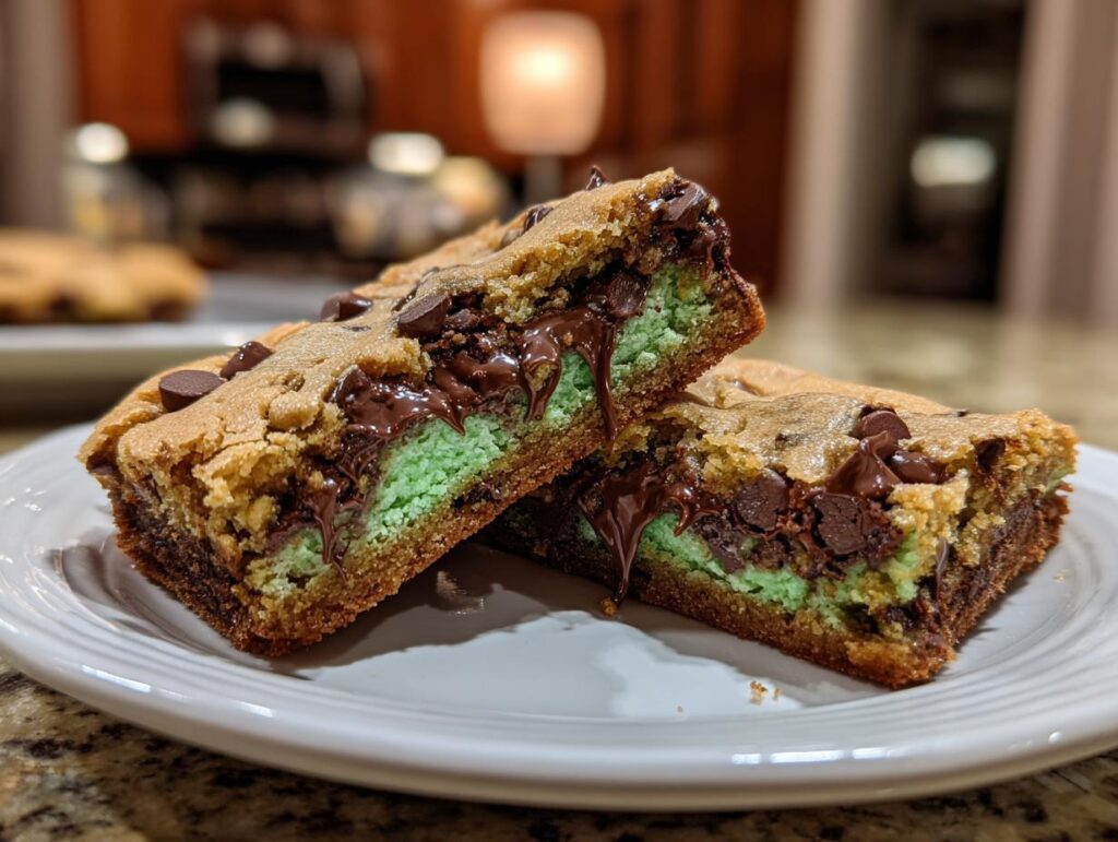 Close-up of a stack of Mint Chocolate Chip Cookie Bars showing the layers of cookie and chocolate.