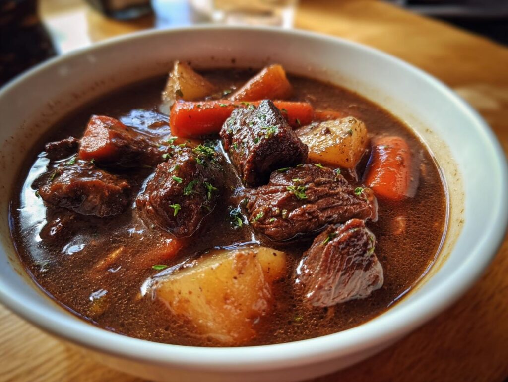 Close-up of a bowl of Spicy Guinness Beef Stew with beef chunks, carrots, and potatoes.