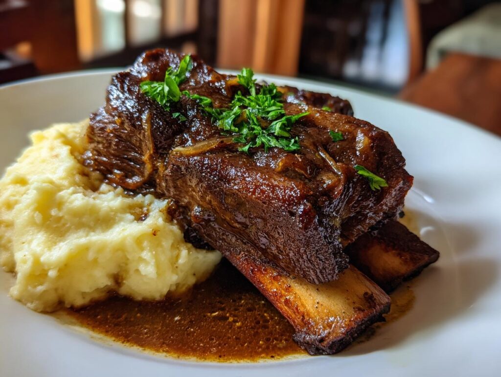 Plate of Stout‑Braised Short Ribs served with creamy mashed potatoes and garnished with parsley.