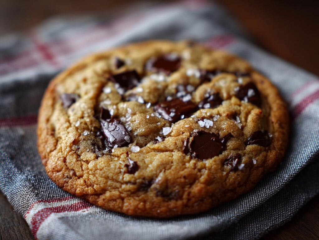 Close-up of a delicious chocolate chip cookie, the sweet treat, with dark chocolate chunks and sea salt.