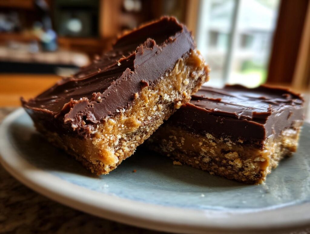 Close-up of no-bake dessert bars with layers of chocolate and caramel, perfect for No Oven, No Stress, Just Pure Dessert.
