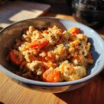 Close-up of a bowl of a High-Protein Senior Cat Meal with carrots and quinoa.