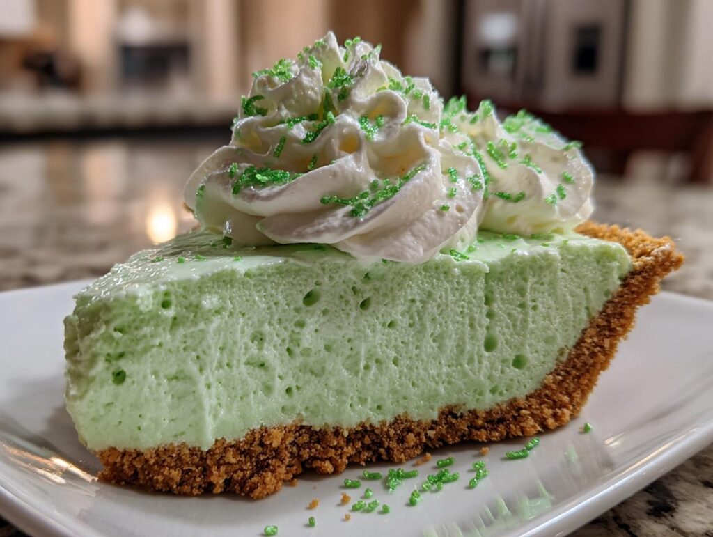 A slice of No Bake Shamrock Shake Pie on a white plate, topped with whipped cream and sprinkles.