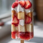 Close-up of a layered Strawberry Shortcake Push Pop with strawberries, cake, and cream.