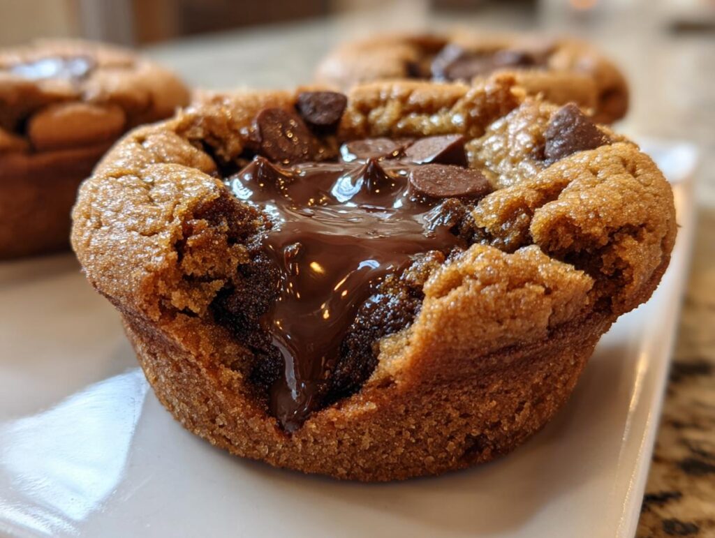 Close-up of an Ultimate Gooey Cookie Cup filled with melted chocolate and chocolate chips.