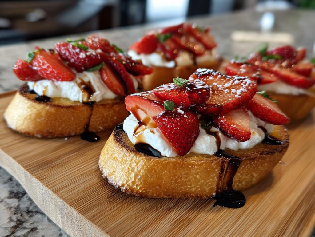 Close-up of Burrata & Strawberry Crostini on a wooden board, with fresh strawberries and balsamic glaze.