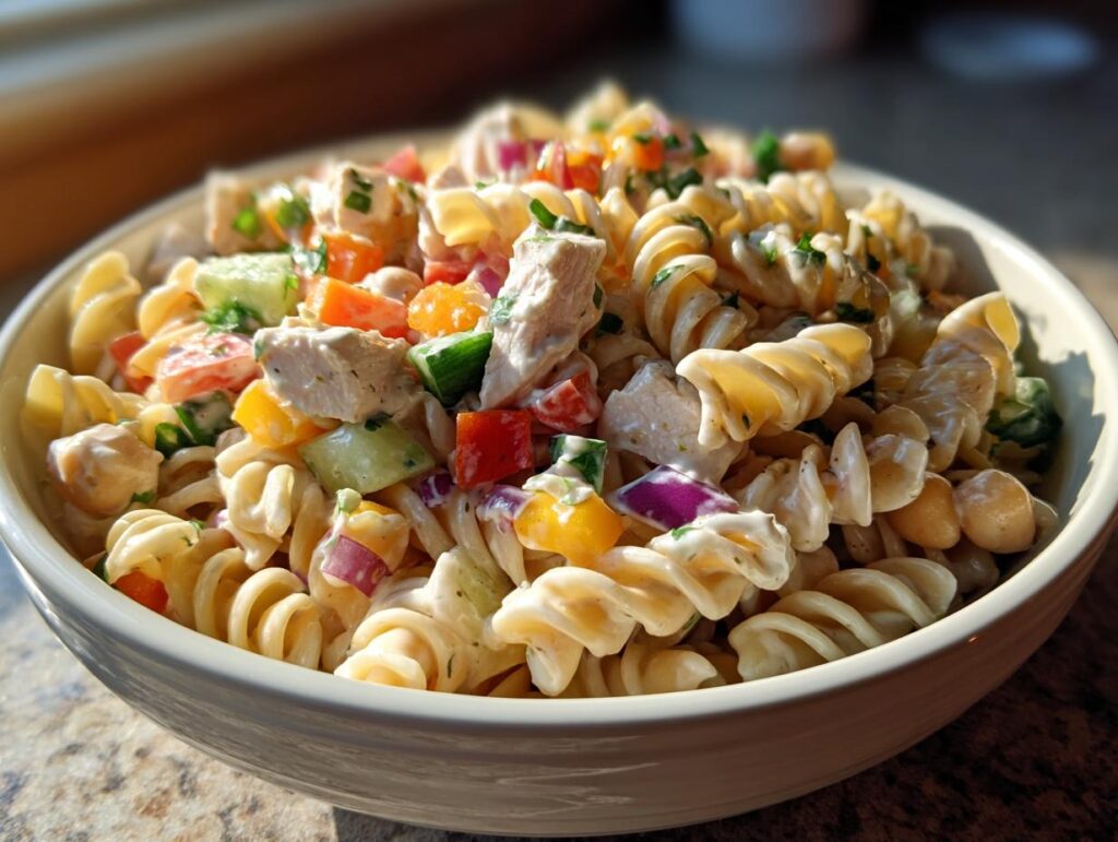 Close-up of a bowl filled with high protein pasta salad, featuring chicken and vegetables.