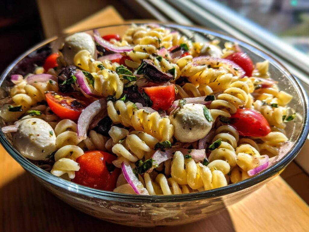 Close-up of a bowl of quick and easy Italian pasta salad, featuring pasta, tomatoes, mozzarella, and olives.