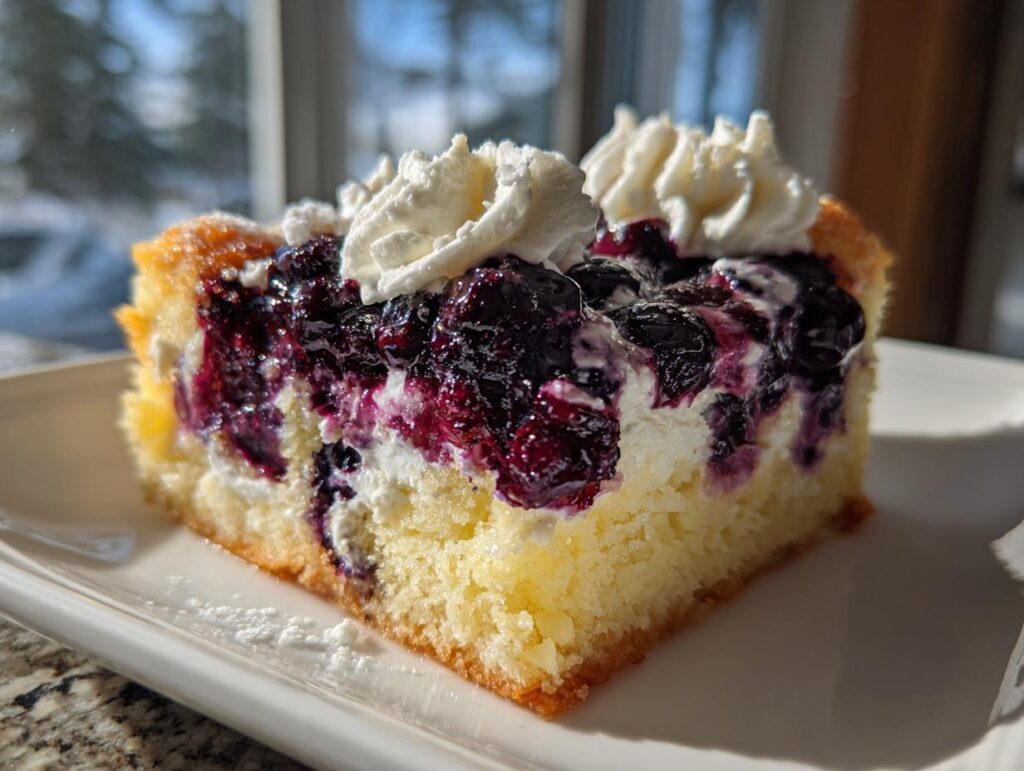 A slice of Lemon Blueberry Cheesecake Dump Cake on a white plate, topped with whipped cream.