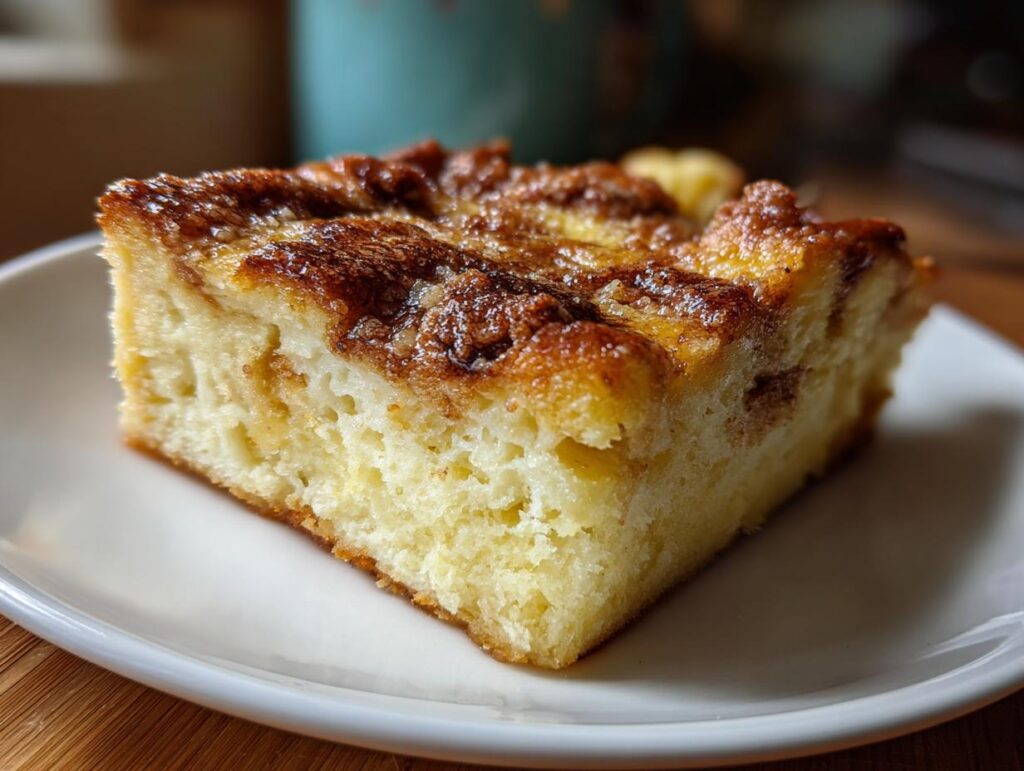 A single slice of Overnight French Toast Casserole on a white plate, showing a golden-brown crust.
