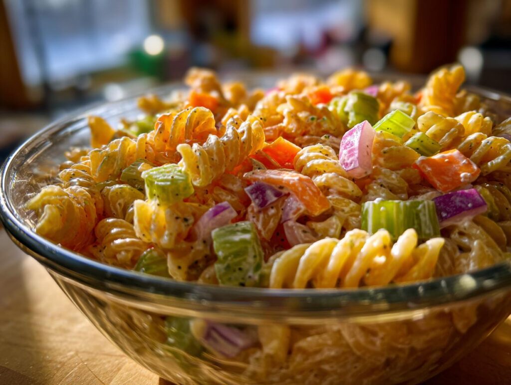 Close-up of a delicious pasta salad classic with rotini pasta, vegetables, and creamy dressing.