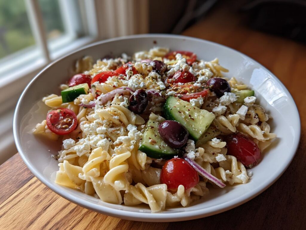 Close-up of a bowl of pasta salad Greek with tomatoes, olives, feta cheese, and cucumbers.