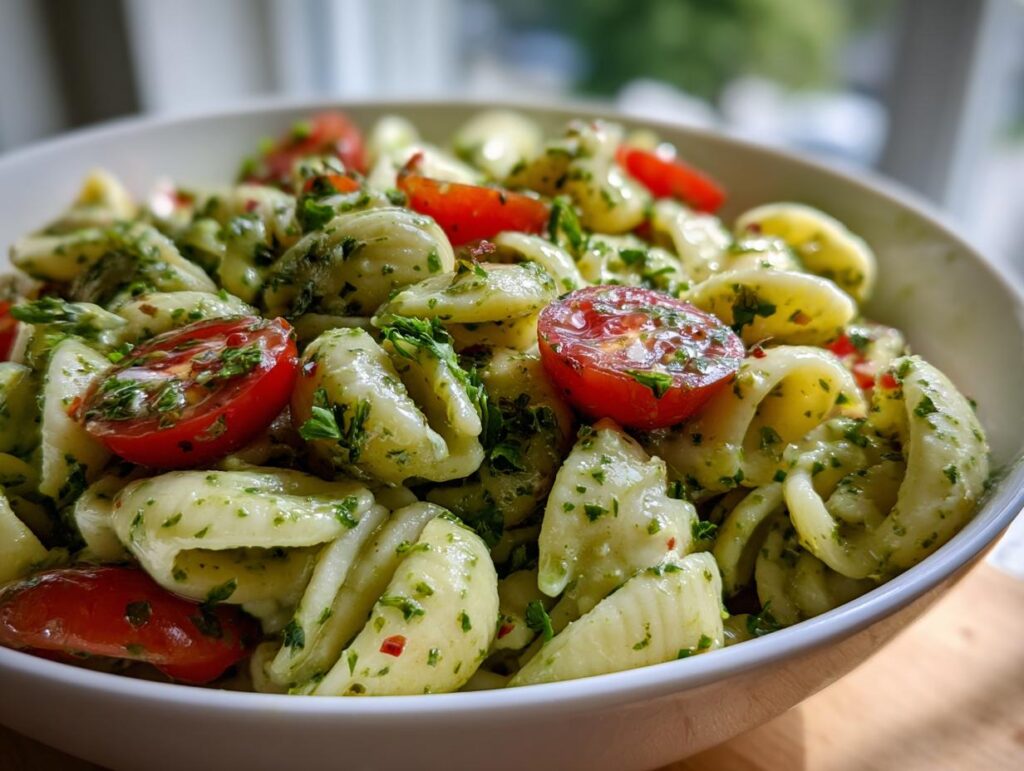 Close-up of a bowl of pasta salad green goddess with tomatoes and herbs. The pasta salad green goddess is a vibrant and fresh dish.
