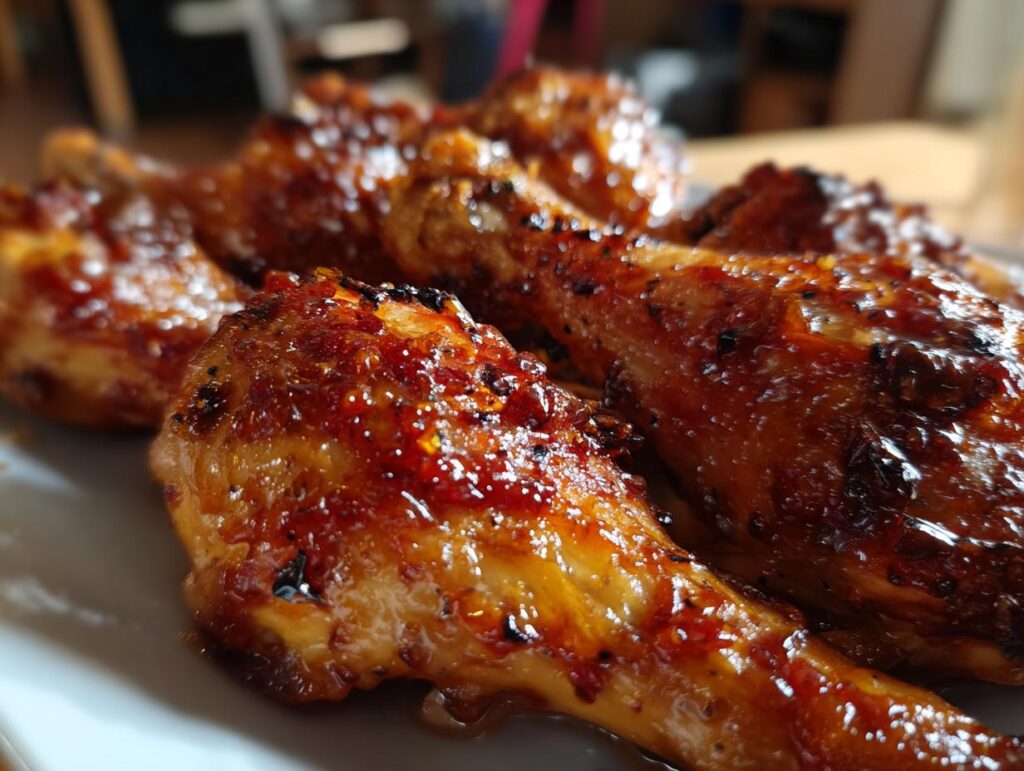 Close-up of several delicious Rhubarb Glazed Chicken Drumsticks, glistening with glaze.